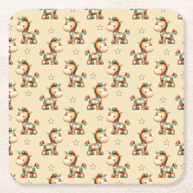 Giddy-Up Patchwork Pony Födelsedag Underlägg Papper Kvadrat (Framsidan)