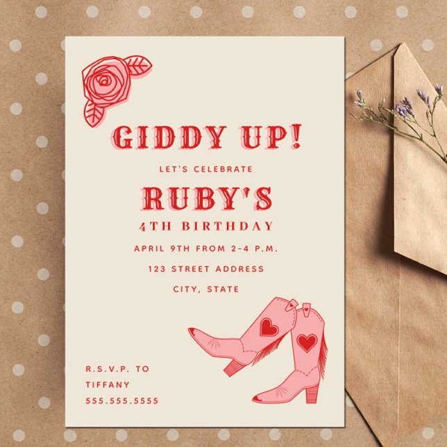 Giddy Up Rosa Cowgirlstövlar Rosa Födelsedag Inbjudningar (Skapare uppladdad)