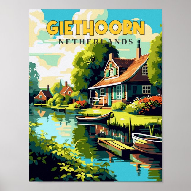 Giethoorn Netherlands vintage resor illustration Poster (Framsidan)