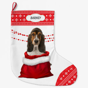 Gift Bag Basset Hound Puppy Snowflake Gräns Stor Julstrumpa