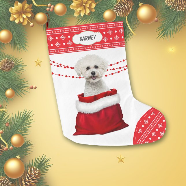 Gift Bag Bichon Frise Hund Snowflake Gräns Stor Julstrumpa (Skapare uppladdad)