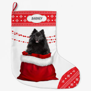 Gift Bag Black Pommern Hund Snowflake Gräns Stor Julstrumpa