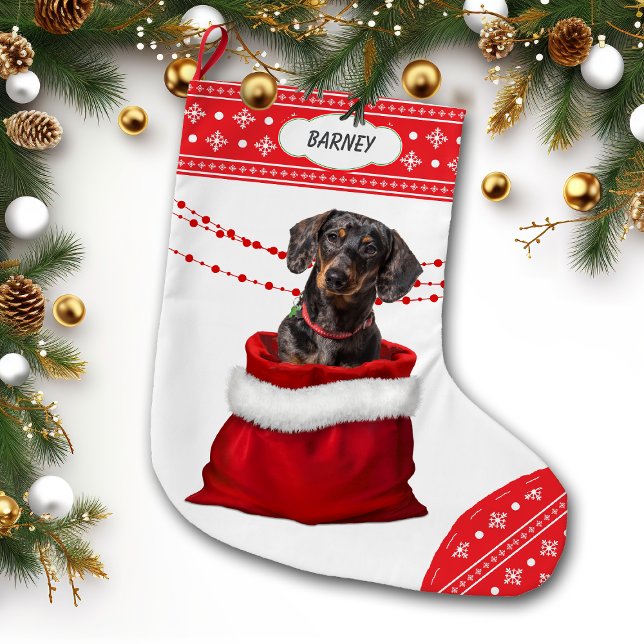 Gift Bag Black Tan Dachshund Hund Snowflake Gräns Stor Julstrumpa (Skapare uppladdad)
