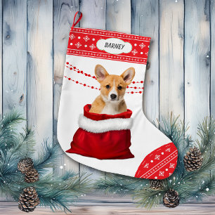 Gift Bag Corgi Puppy Hund Snowflake Gräns Stor Julstrumpa