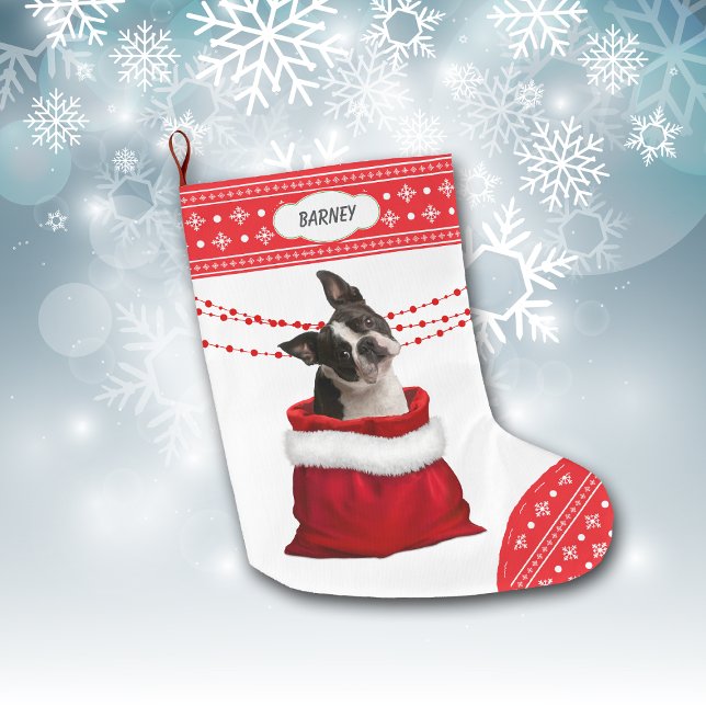 Gift Bag Cute Boston Terrier Hund Snowflake Gräns Stor Julstrumpa (Skapare uppladdad)
