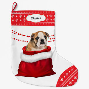 Gift Bag Cute Bulldog Puppy Snowflake Gräns Stor Julstrumpa