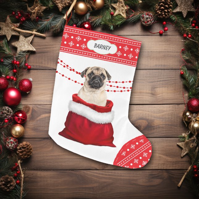 Gift Bag Cute Pug Hund Snowflake Gräns Stor Julstrumpa (Skapare uppladdad)