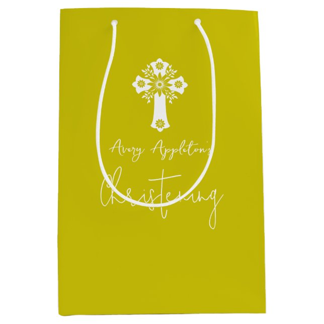Gift Bag Floral Cross Christening Fern Yellow (Framsidan)