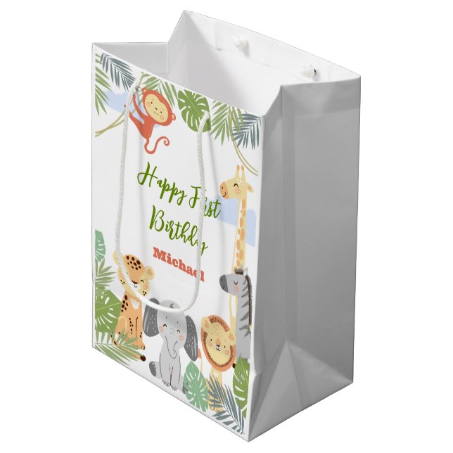 Gift Bag för första födelsedag med söta djur. (Framsidan Vinklad)