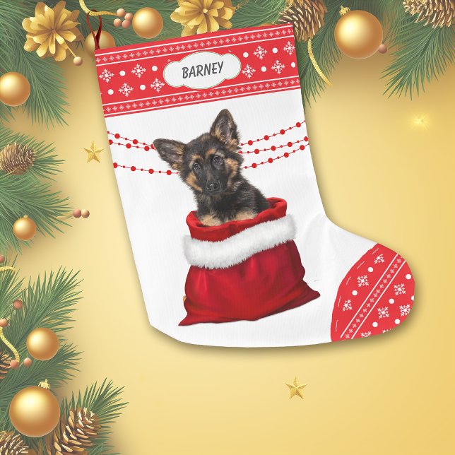 Gift Bag German Shepherd Puppy Snowflake Gräns Stor Julstrumpa (Skapare uppladdad)