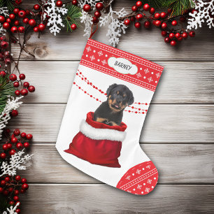 Gift Bag Rottweiler Puppy Hund Snowflake Gräns Stor Julstrumpa