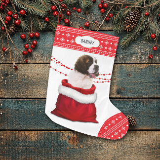 Gift Bag Saint Bernard Puppy Hund Snowflake Gräns Stor Julstrumpa