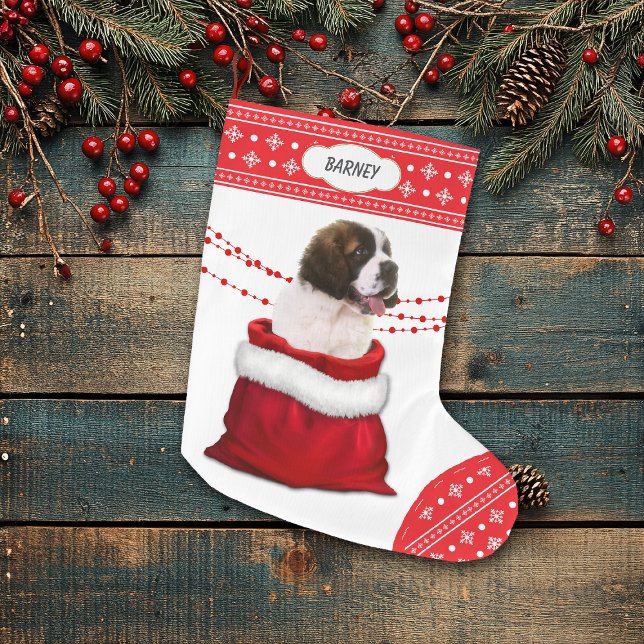 Gift Bag Saint Bernard Puppy Hund Snowflake Gräns Stor Julstrumpa (Skapare uppladdad)