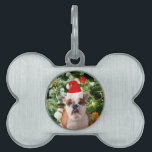 Gift Box för Santa Hat Bulldog Julgran Snögubbe ID-bricka Husdjur<br><div class="desc">Cute Bulldog-foto med Julgran Snögubbe Gift Box i bakgrunden. En perfekt julklapp!</div>