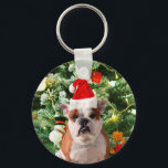Gift Box för Santa Hat Bulldog Julgran Snögubbe Nyckelring<br><div class="desc">Cute Bulldog-foto med Julgran Snögubbe Gift Box i bakgrunden. En perfekt julklapp!</div>