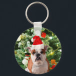 Gift Box för Santa Hat Bulldog Julgran Snögubbe Nyckelring<br><div class="desc">Cute Bulldog-foto med Julgran Snögubbe Gift Box i bakgrunden. En perfekt julklapp!</div>