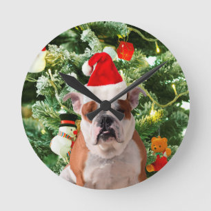 Gift Box för Santa Hat Bulldog Julgran Snögubbe Rund Klocka