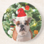 Gift Box för Santa Hat Bulldog Julgran Snögubbe Underlägg Sandsten<br><div class="desc">Cute Bulldog-foto med Julgran Snögubbe Gift Box i bakgrunden. En perfekt julklapp!</div>