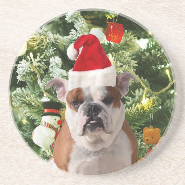 Gift Box för Santa Hat Bulldog Julgran Snögubbe Underlägg Sandsten (Framsidan)
