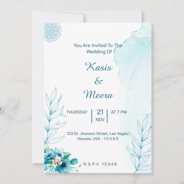 Gift-bröllop för den romska lilan daisy-blomman inbjudningar (Blue floral watercolor wedding invitation card for you may have a bluish and elegant married life)