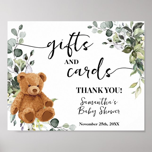 Gift & Cards Bear Greenery Eucalyptus Baby Shower Poster (Framsidan)