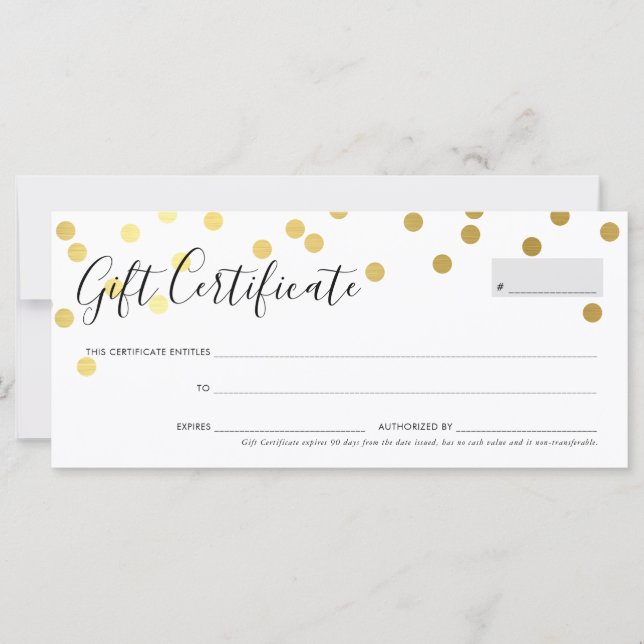 GIFT CERTIFICATE elegant Söta guld konetti-prickar (Framsida)