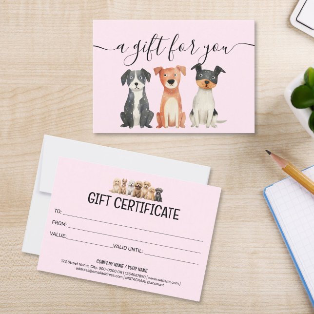 Gift Certificate Hund Grooming Pet Sitta Vet (cute watercolor dogs puppies on the blush pink background, gift certificate for groomers pet sitting)