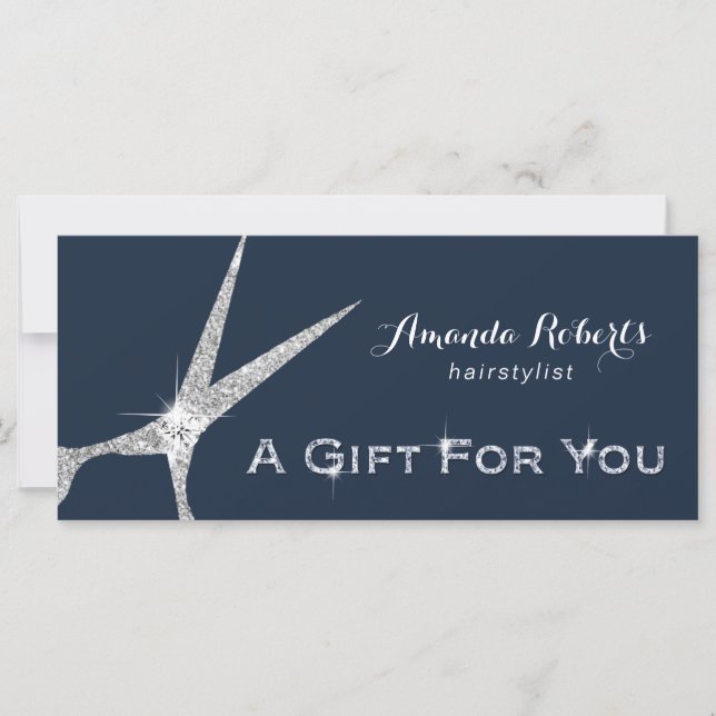 Gift Certificats Navy Silver Sissor Hair Salon (Framsida)