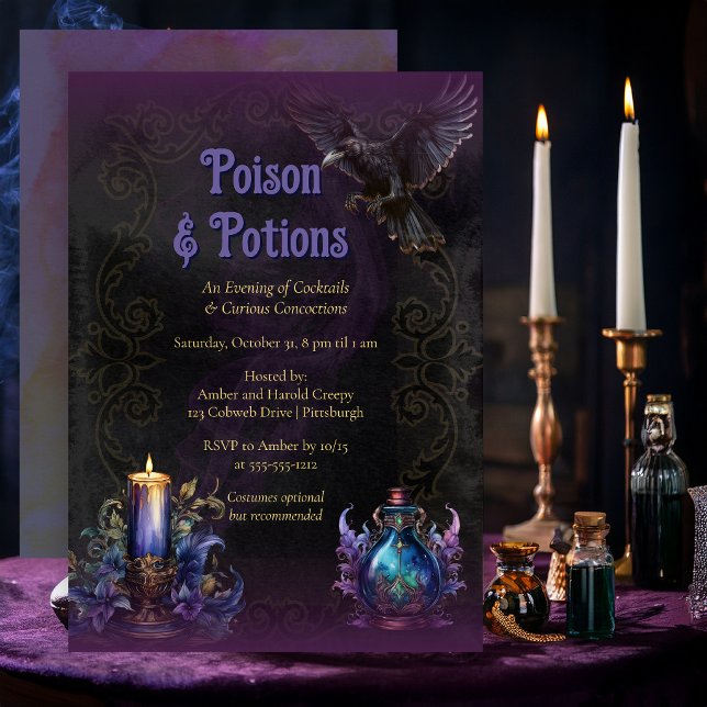 Gift & Drycker Halloween Cocktailfest Inbjudningar (Elegant Poison & Potions Halloween cocktail party invitation with vintage apothecary artwork)
