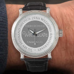 Gift för Make. 25:e Bröllop-årsdagen Armbandsur<br><div class="desc">25-årsjubiléet Gift watch för make. Speciell klocka med inskrift. 25:e årsdagen av bröllop,  som har en inskrift utanför,  plus meddelandet "Med Kärlek". Även namn från båda parter. Bevakning för make på årsdagen i bröllop.</div>