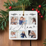 Gift för Mamma | Farbarn Fotokollage Julgransprydnad Keramik<br><div class="desc">Skicka en vacker personlig till mor (Mamma) som hon kommer att ta hand om för evigt. Fotokollage för barnbarn i speciell personlig är ett ornament för att visning dina egna speciella familjefotografier och -minnen. Vår design har en enkel 6-fotosamlingsladd med "Mamma" designad i ett vackert, handskrivet svart skript stil. Anpassa...</div>