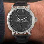 Gift för partner på hans 50:e födelsedag armbandsur<br><div class="desc">Se upp för partnern på hans 50-årsdag. Speciell klocka med inskrift. 50:e födelsedagspresent. Titta med inskriptionen plus meddelandet "Med Kärlek". Även namn från varje partner. Black watch ansikte.</div>