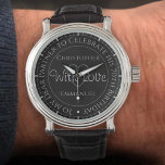 Gift för partner på hans 70:e födelsedag armbandsur<br><div class="desc">Se upp för partnern på hans födelsedag. Speciell klocka med inskrift. 70:e födelsedagspresent. Titta med inskriptionen plus meddelandet "Med Kärlek". Även namn från varje partner. Black watch ansikte.</div>