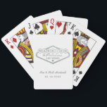 Gift i Fabulous Las Vegas Silver White Bröllop Casinokort<br><div class="desc">Den unika och roligt anpassningsbarna "Gift i Fabulous Las Vegas"-bröllopet för spelkort har en formgivning av faux-folie från silver som inspirerats av välkomsttecknet till Las Vegas,  Nevada,  tillsammans med en monogramtext som kan vara personlig med parets datum namn och bröllop. Den vita bakgrunden färg kan ändras.</div>