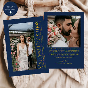 Gift julfoto Newlyweds Navy Blue Guld Julkort