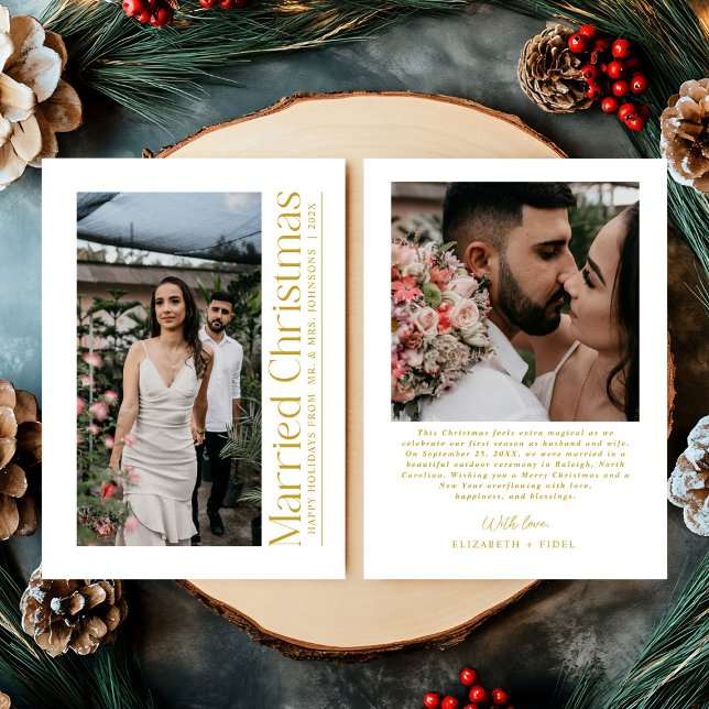 Gift julfoto Newlyweds White & Guld Julkort (Skapare uppladdad)