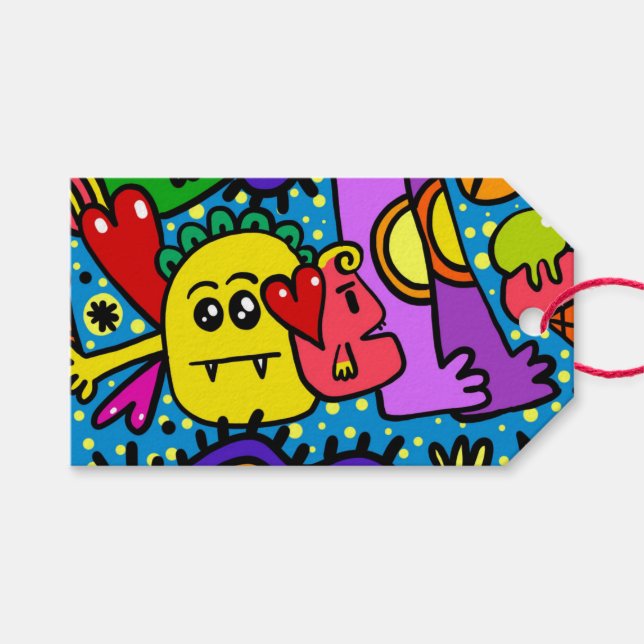 Gift Märkre LYCKLIG MONSTER DOODLE CRITTER Presentetikett (Framsidan (Horisontell))