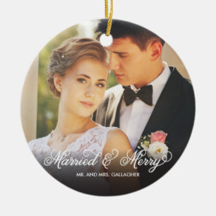 Gift med första julen som gifta fotoornament julgransprydnad keramik