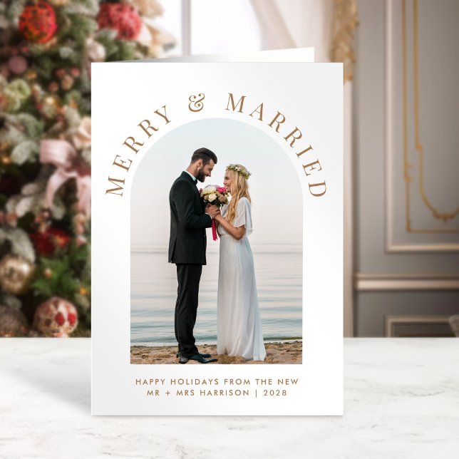 Gift med Merry Arch Photo White Guld jul Helgkort (A beautiful and unique photo card to announce your marriage to family + friends this holiday season)