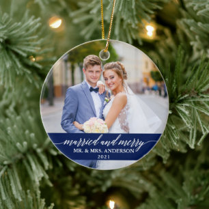 Gift med Merry Calligraphy Bröllop Blue Julgransprydnad Keramik