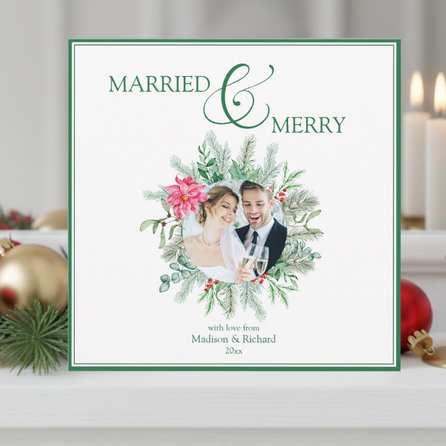 Gift med och Merry Newlyed-jul Julkort (elegant married and merry our first married christmas card for newlywed couples)