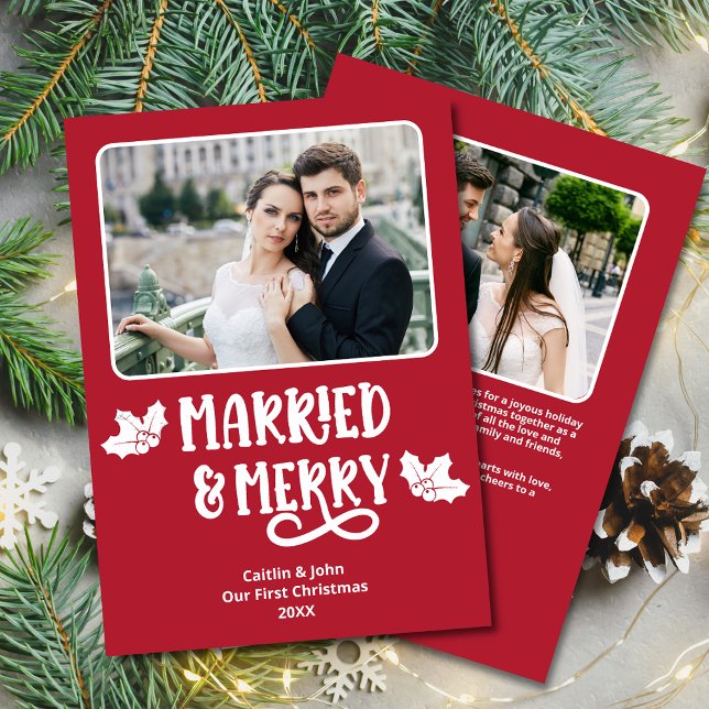 Gift Merry 1:a julen Nylott Photo Red (Married & Merry Custom Photo Christmas Card with Festive Font & Holly, personalized message on back.)