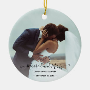 Gift Merry 2 Photo Bride Groom Första jul Julgransprydnad Keramik