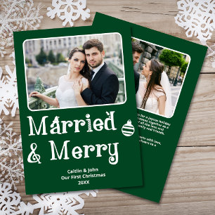 Gift Merry Newlyged 1:a julfoto-Grönten Julkort