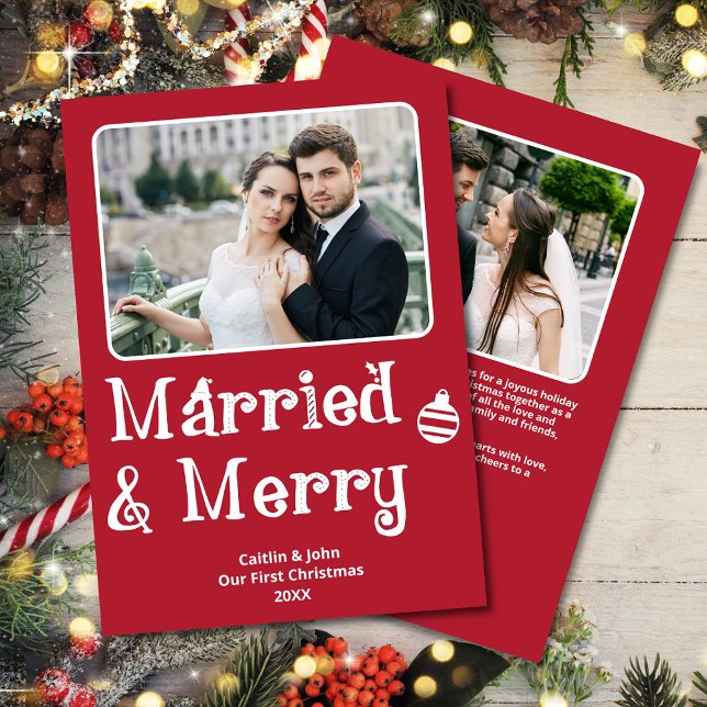 Gift Merry Newlyged 1:a julfoto Red Julkort (Married & Merry Custom Red 2-Photo Christmas Card, whimsical font, personal message on the back.)