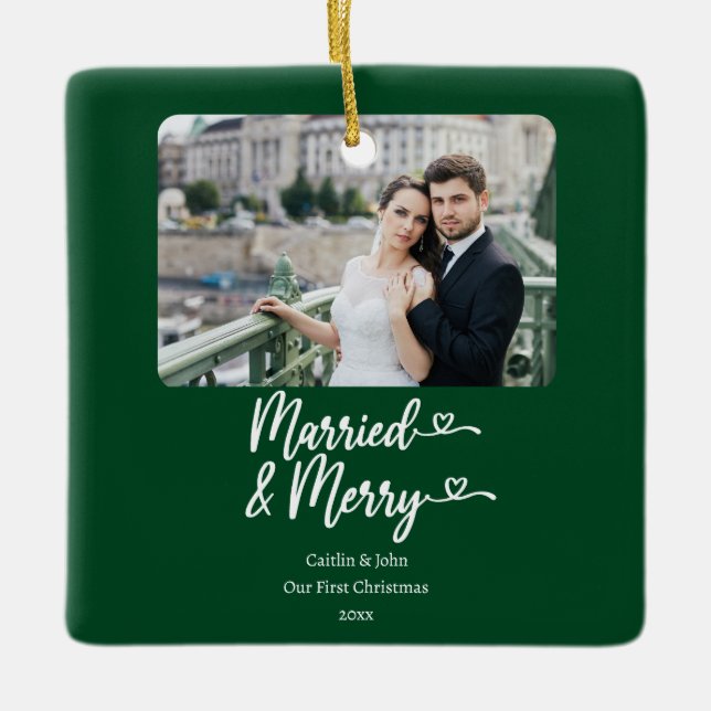 Gift Merry Newlyweds 1:a julfotfoto Grönt Julgransprydnad Keramik (Framsida)
