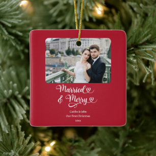 Gift Merry Newlyweds 1:a julfoto Red Julgransprydnad Keramik