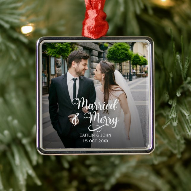 Gift Merry Newlyweds 1:a julfoto Square Julgransprydnad Metall (Träd)