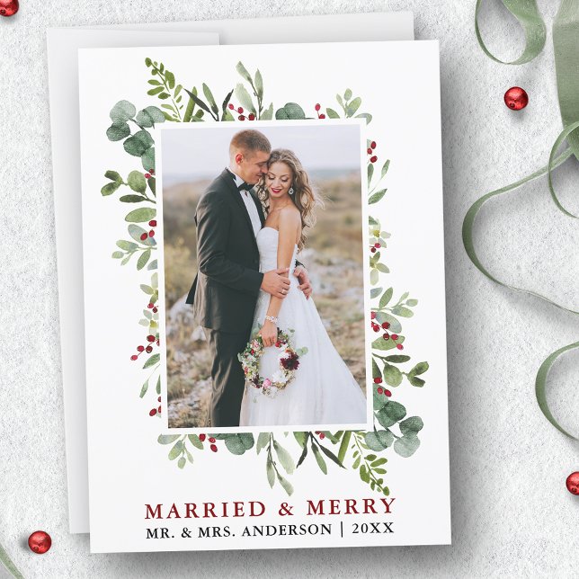 Gift & Merry Watercolor Greenery Berries Julkort (Customize to add text to back of card.)