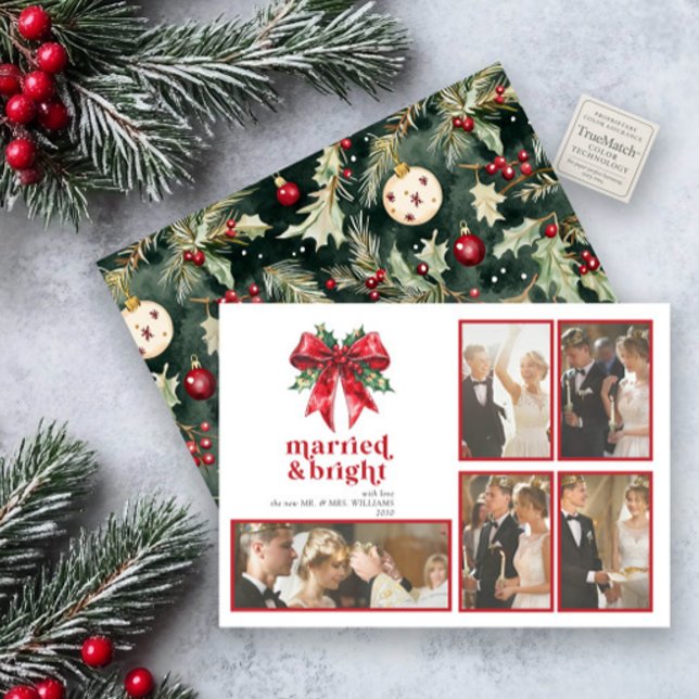Gift och Bright Red Bow Holly Newlyed 5 Photo Julkort (Skapare uppladdad)
